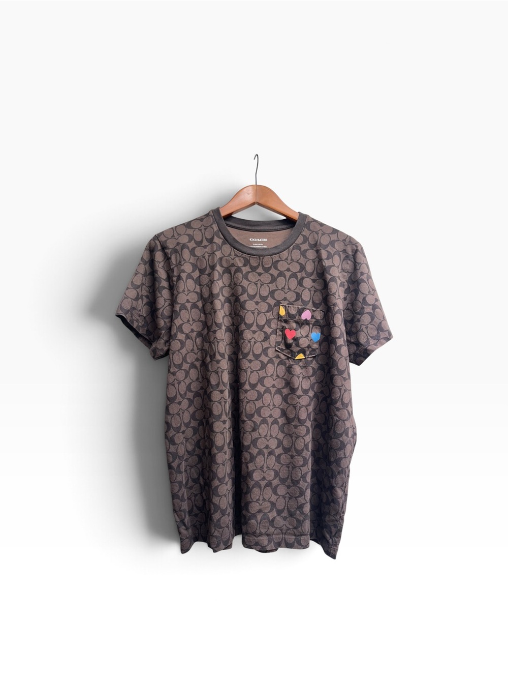 Coach Brown Signature Pocket Tee with Multicolor Heart Accents